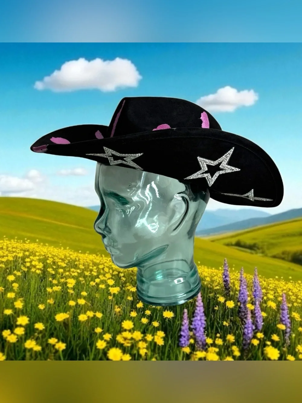 Black Cowboy Hat with Pink Accents and Star Embellishments